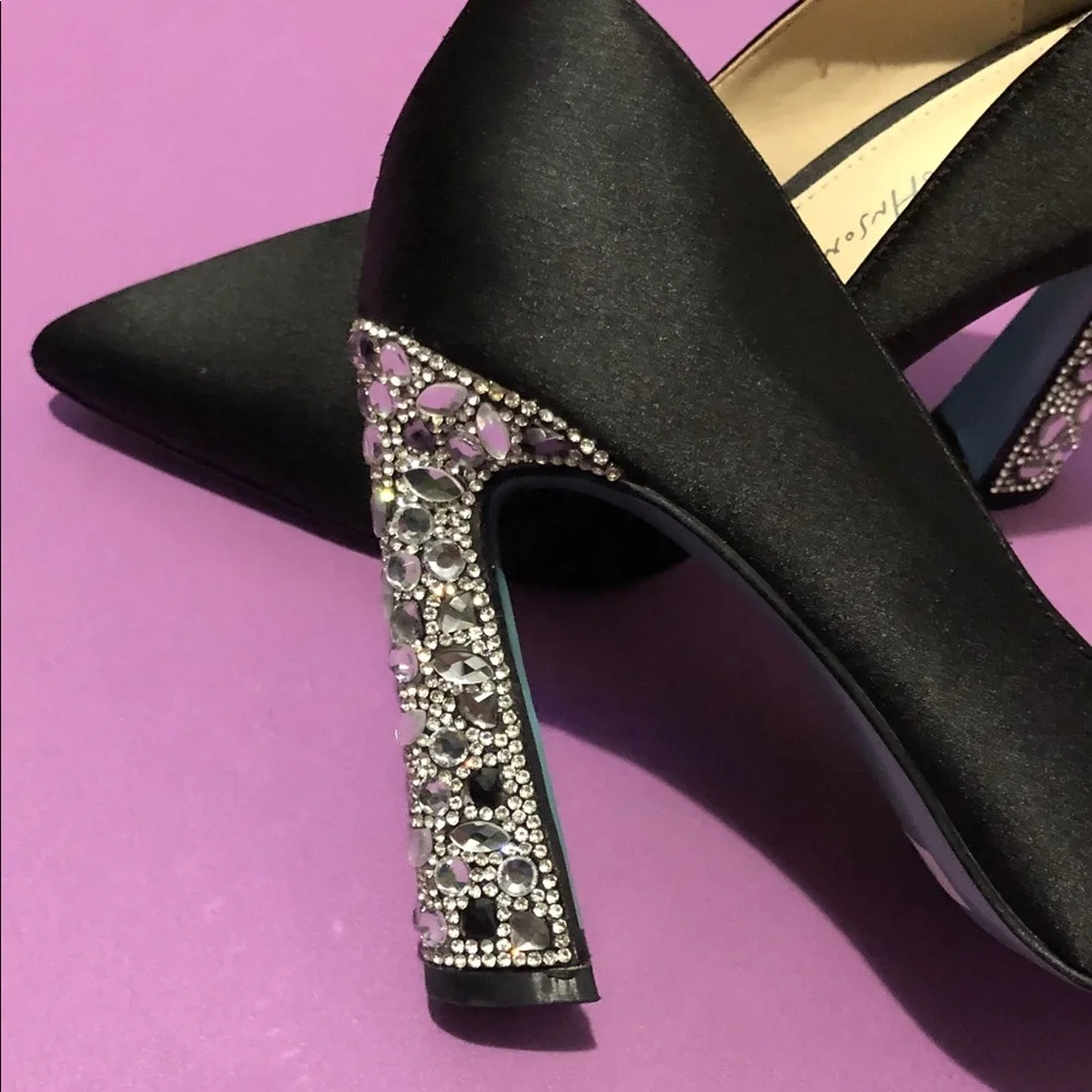 Betsey Johnson Black Satin Pointed Pumps with Jeweled Block Heels - Picture 2 of 8